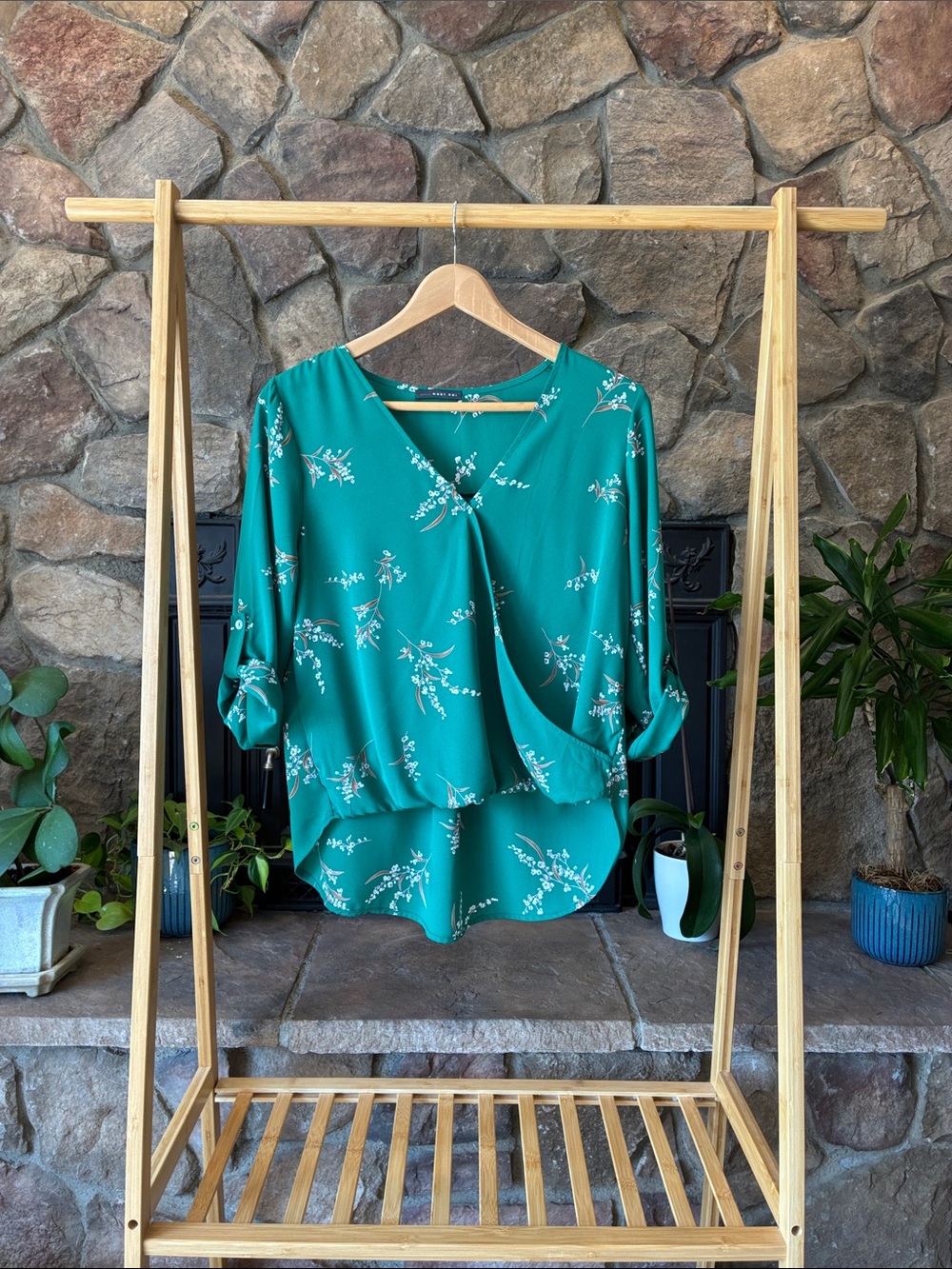 West Kei Teal Floral Wrap-Style Blouse